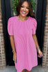 Corded Knit Crew Neck Puff Sleeve Shift Mini Dress